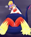  2016 3_toes amedama12321 anal anal_penetration anthro avian blaziken blue_eyes bodily_fluids censored cum cum_in_ass cum_inside duo erection feral genital_fluids hi_res licking male male/male male_penetrated male_penetrating male_penetrating_male nintendo nude penetration penis pink_eyes pok&eacute;mon pok&eacute;mon_(species) restrained seviper sex simple_background tapering_penis toes tongue tongue_out video_games yellow_sclera 
