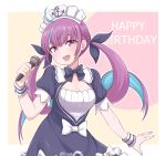  1girl absurdres ahoge aqua_nails bangs blush braid breasts cleavage commentary disco_brando english_commentary english_text french_braid hair_ribbon happy_birthday head_tilt highres holding holding_microphone hololive large_breasts maid_headdress microphone minato_aqua multicolored_hair nail_polish neck_ribbon open_mouth purple_eyes purple_hair ribbon short_sleeves sidelocks solo standing streaked_hair twintails twitter_username virtual_youtuber wrist_cuffs 