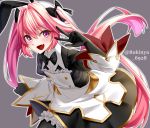  1boy animal_ears artist_name astolfo_(fate) astolfo_(saber)_(fate) bangs black_bow black_gloves black_ribbon blush bow bowtie bunny_hair_ornament commentary_request dress fake_animal_ears fate/grand_order fate_(series) gloves grey_background hair_bow hair_intakes hair_ornament hair_ribbon highres long_hair long_sleeves looking_at_viewer maid multicolored_hair otoko_no_ko pink_hair purple_eyes ribbon rukinya_(nyanko_mogumogu) simple_background solo streaked_hair twintails white_hair 