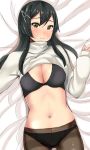  1girl black_bra black_hair black_panties bra breasts brown_eyes brown_legwear chirashi_(so) cleavage clothes_lift cowboy_shot hair_ornament hairclip highres kantai_collection large_breasts looking_at_viewer lying oyashio_(kantai_collection) panties pantyhose solo sweater sweater_lift underwear white_sweater 