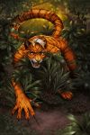  4_toes 5_fingers anthro black_stripes claw_marks claws day detailed_background eyebrows eyelashes felid fingers fur grass hair iskra jungle male mammal open_mouth orange_body orange_fur outside pantherine solo striped_body striped_fur stripes teeth tiger toes tongue tree white_hair yellow_eyes 