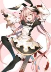  1boy astolfo_(fate) astolfo_(saber)_(fate) bangs black_bow black_gloves black_legwear black_neckwear black_ribbon blush bow bowtie buttons fate/grand_order fate_(series) gloves hair_bow hair_intakes highres juliet_sleeves layered_skirt long_hair long_sleeves looking_at_viewer low_twintails multicolored_hair one_eye_closed open_mouth otoko_no_ko pink_hair puffy_sleeves purple_eyes ribbon skirt smile solo streaked_hair sword thighs twintails weapon white_hair white_skirt wing_collar yuuuuu 