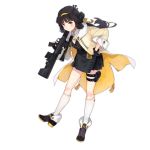  1girl bangs black_gloves black_hair black_skirt black_vest blush breasts coat collared_shirt double_bun eyebrows_visible_through_hair fingerless_gloves full_body fur-trimmed_coat fur_trim girls_frontline gloves gun hair_ribbon hairband hand_on_hip holding holding_gun holding_weapon leaning_forward long_hair looking_at_viewer low_ponytail open_clothes open_coat pouch qbu-88 qbu-88_(girls_frontline) ribbon rifle scope shirt shoes shuzi sidelocks skirt small_breasts sniper_rifle thigh_strap transparent_background v-shaped_eyebrows vest weapon white_shirt yellow_coat yellow_eyes yellow_hairband yellow_ribbon 