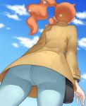  1girl arms_at_sides ass ass_focus blue_sky blurry blurry_background brown_coat cloud coat cowboy_shot day depth_of_field from_behind from_below grey_pants hair_ornament heart heart_hair_ornament highres long_hair long_sleeves mogtate orange_hair outdoors pants pokemon pokemon_(game) pokemon_swsh pouch side_ponytail sky solo sonia_(pokemon) 