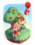  2019 accessory animal_crossing anthro apple balloon bow canid canine canis clothing domestic_dog duo female floppy_ears food footwear fruit grass hair hair_accessory hi_res human isabelle_(animal_crossing) mammal nintendo open_mouth plant sitting smile stardust-dreamii tree video_games villager_(animal_crossing) 