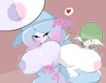  &lt;3 big_breasts black_sclera breast_squish breasts breasts_frottage clothed clothing cutaway female fufucatu gardevoir hatterene huge_breasts licking licking_lips nintendo nipples not_furry pok&eacute;mon pok&eacute;mon_(species) purple_nipples squish tongue tongue_out topless video_games white_body white_skin 
