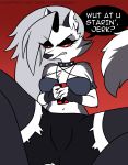  2019 anthro canid canid_demon clothing collar demon female flat_colors fur grey_body grey_fur hellhound helluva_boss loona_(vivzmind) mammal red_sclera simple_background sitting solo taurika taurika_(artist) white_body white_fur 