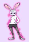  anthro bottomwear clothed clothing disney dogear218 front_view fully_clothed fur grey_body grey_fur hand_on_hip hotpants judy_hopps lagomorph leporid looking_at_viewer mammal pink_background purple_eyes rabbit shirt shorts simple_background smile solo sparkles standing topwear zootopia 
