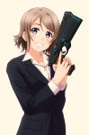  1girl blue_eyes cosplay dominator_(gun) formal grey_hair gun handgun love_live! love_live!_sunshine!! pant_suit pistol psycho-pass smile suit trigger_discipline vld watanabe_you weapon 