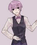  1boy alternate_costume black_eyes bow bowtie butler byakuya_(under_night_in-birth) gloves grey_hair grin highres looking_at_viewer male_focus nazo_smile shirt short_hair smile smug solo under_night_in-birth vest white_hair 