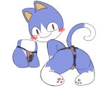  2019 animal_crossing anthro balls_outline blue_body blue_fur blush bulge butt clothing dipstick_tail domestic_cat felid feline felis fur hi_res looking_at_viewer looking_back male mammal multicolored_tail nintendo pururing rover_(animal_crossing) simple_background solo underwear video_games white_background 