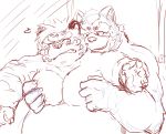  2019 anthro belly blush canid canine duo felid goemon_(tas) hi_res hug hugging_from_behind licho_(tas) male male/male mammal moobs moonwhitetiger nipples overweight overweight_male pantherine raccoon_dog tanuki tiger tokyo_afterschool_summoners video_games 
