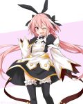  1boy astolfo_(fate) astolfo_(saber)_(fate) bangs black_bow black_gloves black_ribbon blush bow bowtie commentary_request dress eyebrows_visible_through_hair fang fate/grand_order fate_(series) felutiahime frills gloves hair_between_eyes hair_bow hair_intakes hair_ribbon highres long_hair long_sleeves looking_at_viewer multicolored_hair one_eye_closed otoko_no_ko pink_hair purple_eyes ribbon simple_background solo streaked_hair thighhighs twintails two-tone_background white_hair 