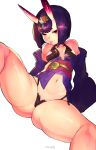  1girl absurdres artist_name ass_visible_through_thighs bangs bob_cut breasts eyebrows_visible_through_hair eyeliner fate/grand_order fate_(series) groin headpiece highres horns japanese_clothes kimono looking_at_viewer makeup navel obi off_shoulder oni oni_horns open_clothes open_kimono purple_eyes purple_hair purple_kimono pussy_peek revealing_clothes roropull sash short_eyebrows short_hair short_kimono shuten_douji_(fate/grand_order) simple_background skin-covered_horns small_breasts smile solo spread_legs thick_thighs thighs wide_sleeves 