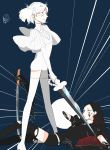  2others androgynous black_hair bort chi_(csrnrnoekk) crystal_hair diamond_(houseki_no_kuni) gem_uniform_(houseki_no_kuni) highres holding holding_sword holding_weapon houseki_no_kuni long_hair looking_at_another moon_uniform_(houseki_no_kuni) multiple_others short_hair smile smug spoilers sword weapon 