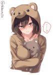  ... 1girl alternate_costume animal_costume animal_ears bear_costume bear_ears black_hair blush breasts brown_eyes brown_hair closed_mouth collarbone cropped_torso ebifurya hair_between_eyes head_tilt highres kantai_collection large_breasts lips long_hair looking_at_viewer nagato_(kantai_collection) object_hug pink_lips solo spoken_ellipsis stuffed_animal stuffed_toy teddy_bear upper_body white_background 