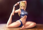  1girl artist_name barefoot bikini blonde_hair blue_bikini blue_eyes blue_wristband breasts dark_background feet finalcake flexible gymnastics hands_together leg_up lips looking_down metroid mole mole_under_mouth ponytail samus_aran solo sports_bikini stretch super_metroid swimsuit tank_top turtleneck wristband yoga 