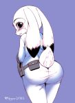  anthro blush bodily_fluids butt clothed clothing disney dogear218 ears_down fully_clothed fur judy_hopps lagomorph leporid looking_at_viewer looking_back mammal pivoted_ears purple_background rabbit rear_view scut_tail simple_background solo standing sweat sweatdrop zootopia 