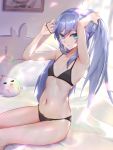  1girl absurdres armpits arms_up bangs bare_shoulders bed bed_sheet black_bra black_panties blue_eyes blue_hair bra breasts eyebrows_visible_through_hair from_side fu_hua hair_tie hairdressing highres honkai_(series) honkai_impact_3rd long_hair looking_at_viewer looking_to_the_side navel on_bed panties parted_lips pillow sitting sitting_on_bed small_breasts solo sparkle stomach stuffed_chicken thighs tying_hair underwear underwear_only very_long_hair wucanming 
