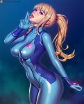  1girl artist_name blonde_hair blue_background blue_bodysuit blue_eyes bodysuit collarbone covered_navel covered_nipples cowboy_shot finger_licking from_side glowing hair_tie hand_up leaning_forward licking long_hair looking_at_viewer looking_to_the_side metroid nikita_varb open_mouth patreon_logo samus_aran shiny shiny_clothes sidelocks skin_tight solo tongue tongue_out zero_suit 