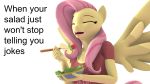  16:9 3d_(artwork) 4k absurd_res anthro anthrofied anthroponiessfm cutlery digital_media_(artwork) equid equine eyes_closed female fluttershy_(mlp) food fork friendship_is_magic hi_res kitchen_utensils laugh mammal meme my_little_pony pterippus salad source_filmmaker spread_wings stock_image tools what wings 