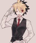  1boy ahoge black_hair blonde_hair butler gloves happy highres hyde_(under_night_in-birth) male_focus multicolored_hair nazo_smile necktie one_eye_closed open_mouth red_eyes red_neckwear shirt short_hair simple_background smile solo two-tone_hair under_night_in-birth upper_body vest 