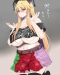  1girl absurdres bare_shoulders belt black_legwear blonde_hair blush breasts english_text eyebrows_visible_through_hair gradient gradient_background hair_between_eyes headwear highres junko_(touhou) kedamono_kangoku-tou large_breasts long_hair looking_at_viewer navel red_eyes skindentation skirt solo thighhighs touhou translated underboob 