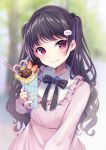  1girl bangs black_hair blurry blurry_background blush crepe earrings eyebrows_visible_through_hair food hair_ornament hairclip highres holding holding_food jewelry long_hair looking_at_viewer momoirone original pocky red_eyes smile solo two_side_up 