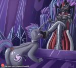  anthro armor bodily_fluids cape chain clothing equid friendship_is_magic hiddenmask18 horn king_sombra_(mlp) male male/male mammal my_little_pony penis tongue tongue_out unicorn 