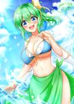  1girl :d absurdres bangs bare_arms bare_shoulders bikini blue_bikini blue_eyes blue_sky blush bow breasts cloud collarbone commentary_request cowboy_shot daiyousei day dutch_angle eyebrows_visible_through_hair fairy_wings front-tie_bikini front-tie_top green_hair groin hair_between_eyes hair_bow hand_up highres large_breasts looking_at_viewer navel nisson_(nisiyuu) open_mouth outdoors sarong short_hair side_ponytail signature sky smile solo standing stomach swimsuit touhou water_drop wings yellow_bow 
