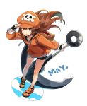  1girl anchor backpack bag black_gloves brown_backpack brown_eyes brown_hair cloud collarbone fingerless_gloves fuji_kei gloves guilty_gear guilty_gear_2020 guilty_gear_strive hair_between_eyes hat highres holding_anchor long_hair may_(guilty_gear) orange_headwear orange_sweater short_shorts shorts simple_background smile solo sweater white_background zipper zipper_pull_tab 