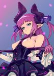 1girl asymmetrical_horns bangs bare_shoulders black_skirt blue_eyes breasts corset detached_sleeves dragon_horns elizabeth_bathory_(fate) elizabeth_bathory_(fate)_(all) english_commentary fate/extra fate/extra_ccc fate_(series) horns long_hair nipples optionaltypo pink_hair pointy_ears skirt solo 