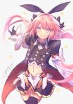  1boy astolfo_(fate) astolfo_(saber)_(fate) bangs belt black_bow black_gloves black_jacket black_legwear black_neckwear black_ribbon black_skirt blush bow bowtie buttons chain closed_mouth coattails crop_top fang fate/grand_order fate_(series) faulds gloves hair_between_eyes hair_bow hair_intakes hair_ribbon ittokyu jacket juliet_sleeves long_hair long_sleeves looking_at_viewer low_twintails midriff multicolored_hair navel open_clothes open_jacket otoko_no_ko pink_hair pleated_skirt puffy_sleeves purple_eyes ribbon skirt smile solo star streaked_hair thighhighs thighs twintails white_hair wide_sleeves wing_collar 
