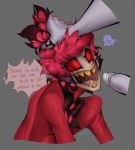  alastor_(hazbin_hotel) bodily_fluids clothed clothing demon dialogue drooling duo english_text glans hair hair_grab hazbin_hotel hi_res humanoid_penis male male/male open_mouth oral penis red_eyes saliva sasq sharp_teeth teeth text touching_hair 