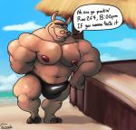  anthro beach bodily_fluids body_hair bulge chest_hair clothed clothing common_hippopotamus dialogue dreamworks english_text eyebrows hippopotamid looking_at_viewer madagascar_(series) male mammal moto_moto muscular navel nipples sea seaside solo sweat swimwear text topless unibrow uniparasite water 
