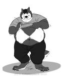  anthro belly canid canine canis claws clothed clothing dressing eyes_closed fur greyscale male mammal monochrome moobs navel obese obese_male overweight overweight_male rehgan simple_background solo standing toe_claws white_background wolf 