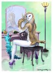  anthro anthrofied avian barn_owl bird breasts butt circumjacentity clothing feathers female flat_background footwear high_heels inside looking_at_viewer looking_back masked_owl mirror owl pose shaded shoes sitting solo tytonid 