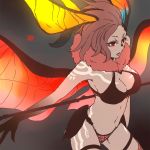  1girl artist_name bare_shoulders bikini black_bikini_top black_skin breasts brown_hair butterfly_wings cleavage cowboy_shot dark_skin final_fantasy final_fantasy_xiv full_body_tattoo fur_collar head_wings highleg highleg_bikini horn large_breasts legs_apart lili_mdoki multicolored multicolored_skin navel penthesilea_(ff14) pink_bikini_bottom polearm red_eyes short_hair solo spear swimsuit tattoo thigh_strap two-tone_skin weapon wings 