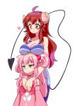  2girls ahoge blush breast_rest breasts breasts_on_head brown_eyes brown_hair chiyoda_momo cleavage demon_girl demon_horns demon_tail expressive_tail eyebrows_visible_through_hair heart highres hiroshix31 horns long_hair machikado_mazoku magical_girl multiple_girls open_mouth pink_hair shiny shiny_hair simple_background size_difference tail white_background yoshida_yuuko_(machikado_mazoku) younger yuri 