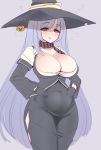  1girl @_@ al_bhed_eyes belly black_gloves blush breasts circe_(last_origin) cleavage dress gloves green_eyes grey_hair hat highres huge_breasts last_origin long_hair manme navel open_mouth skindentation smile solo very_long_hair witch witch_hat 