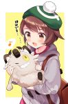  1girl :d backpack bag blush brown_eyes brown_hair collared_dress commentary_request dress eighth_note flying_sweatdrops galarian_form galarian_meowth gen_8_pokemon green_headwear grey_cardigan highres holding holding_pokemon hood hood_down hooded_cardigan kanda_done looking_at_another looking_down musical_note one_eye_closed open_mouth pink_dress pokemon pokemon_(creature) pokemon_(game) pokemon_swsh sharp_teeth smile spoken_musical_note sweat tam_o&#039;_shanter teeth translation_request two-tone_background upper_body white_background yellow_background yellow_eyes yuuri_(pokemon) 