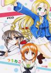  3girls :d bangs bc_freedom_military_uniform black_eyes black_footwear black_hair black_neckwear blonde_hair blouse blue_jacket blue_vest boots bow brown_eyes brown_hair circle_name closed_mouth commentary_request cover cover_page dark_skin dixie_cup_hat doujin_cover dress_shirt drill_hair eyebrows_visible_through_hair eyes_visible_through_hair fan folding_fan girls_und_panzer green_eyes hair_bow hair_over_one_eye hat hat_feather high_collar highres holding holding_fan jacket jumping kamihara_mizuki legs_up long_hair long_sleeves looking_at_viewer marie_(girls_und_panzer) military military_hat military_uniform miniskirt multiple_girls neckerchief nishizumi_miho ogin_(girls_und_panzer) ooarai_naval_school_uniform ooarai_school_uniform open_mouth partially_unbuttoned pleated_skirt polka_dot polka_dot_background ponytail red_bow sailor sailor_collar school_uniform serafuku shirt short_hair skirt smile uniform vest white_blouse white_headwear white_shirt white_skirt 