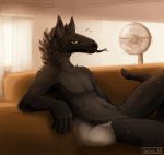  2019 anthro bethesda_softworks bodily_fluids digital_media_(artwork) fallout fan_(disambiguation) flugeldog fur furniture hair hi_res male night_stalker_(fallout) nude pillow rattle_(anatomy) reptile scalie snake sofa solo sweat tongue tongue_out video_games 