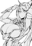  1girl absurdres armor blush breasts cleavage gatyo_5 greyscale highres huge_breasts large_breasts long_hair monochrome pneuma_(xenoblade_2) ponytail solo spoilers xenoblade_(series) xenoblade_2 