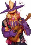  aloha_shirt amped_toxtricity anthro bottomwear clothed clothing half-closed_eyes half-length_portrait instrument_(disambiguation) lei lute male music musical_instrument musical_note narrowed_eyes nintendo open_shirt pants plucked_string_instrument pok&eacute;mon pok&eacute;mon_(species) portrait purple_body ruslorc shirt simple_background smile solo spikes string_instrument topwear toxtricity ukulele video_games white_background 