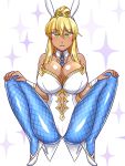  1girl :d ahoge animal_ears artoria_pendragon_(all) artoria_pendragon_(swimsuit_ruler)_(fate) ass bangs bare_shoulders blonde_hair blue_legwear blush breasts bunny_ears bunnysuit cleavage crown dark_skin eyebrows_visible_through_hair fate/grand_order fate_(series) fishnet_legwear fishnets green_eyes hair_between_eyes heart large_breasts looking_at_viewer mabo-udon navel open_mouth ponytail simple_background smile solo spread_legs tan white_background white_footwear 