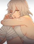  1girl armpit_crease bandaged_leg bandages bare_shoulders breasts code_vein dress hair_between_eyes io_(code_vein) koyorin large_breasts one_eye_closed open_mouth scar short_hair sideboob silver_hair sitting tattoo torn_clothes torn_dress white_dress yellow_eyes 