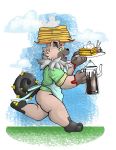  apron berry chest_tuft clothing cloud food fruit hi_res jug mc_morrales nintendo pancake plant plate pok&eacute;mon pok&eacute;mon_(species) rockruff rockruff_(mc_morrales) running smile tuft video_games waffles 