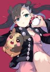  1girl black_hair black_jacket blue_eyes choker dress gen_8_pokemon jacket lying mary_(pokemon) morpeko nanateru on_back pink_dress poke_ball poke_ball_(generic) pokemon pokemon_(game) pokemon_swsh red_background twintails 