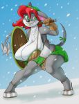  anthro big_breasts big_ears black_nose breasts buckteeth clothing creatiffy fur geronimo_stilton_(series) gloves green_eyes grey_body grey_fur hair handwear hi_res huge_breasts mammal mouse murid murine navel nicky_(thea_sisters) pigtails red_hair rodent shield smile snow teeth thick_thighs weapon white_body white_fur winter 